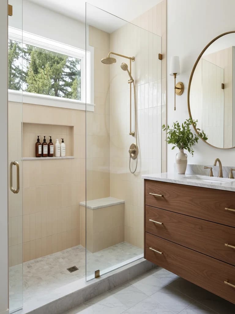 Same Sacramento bathroom after remodel — frameless glass walk-in shower with built-in niche, integrated tile bench, brushed-gold rainfall fixtures, and the original vanity preserved.