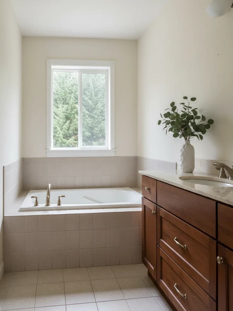 Sacramento bathroom before remodel — traditional drop-in soaking tub with beige tile surround, dark wood vanity, and window light, ready for a tub-to-shower conversion.