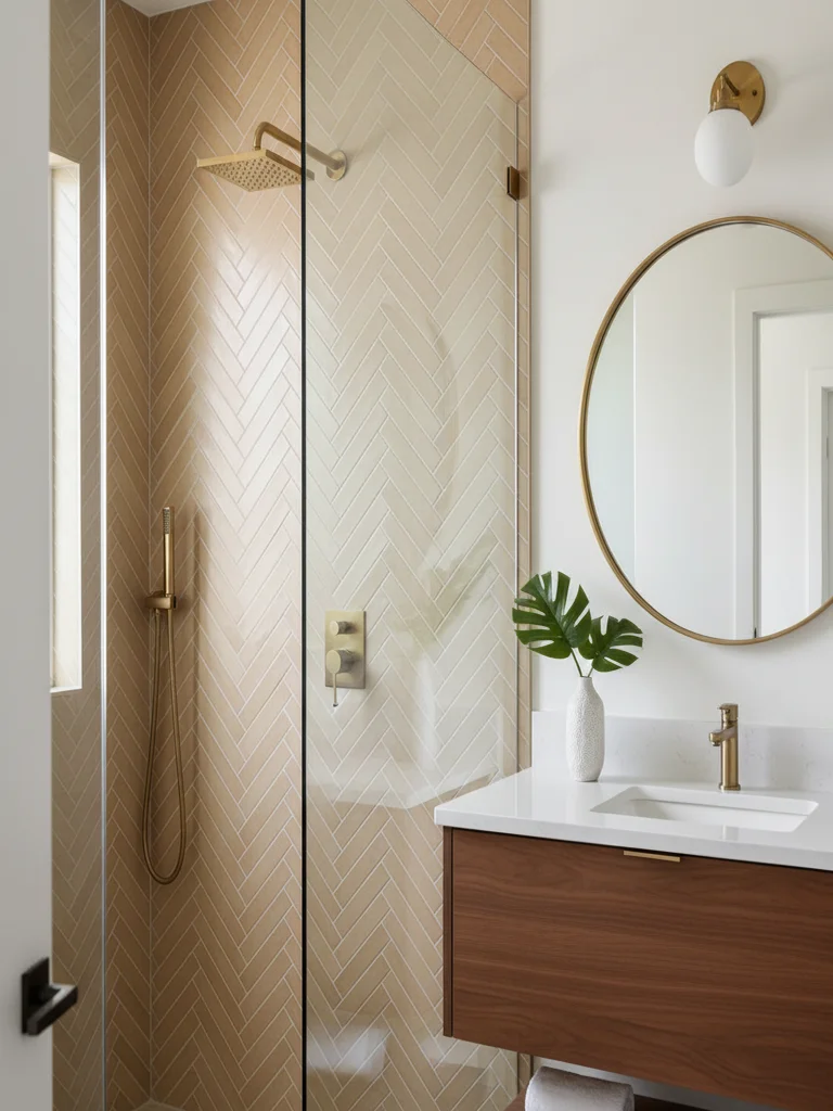 Sacramento luxury bathroom remodel detail — herringbone-tile walk-in shower wall with brushed-gold rainfall fixtures, round brass-frame mirror, and floating dark-walnut vanity.