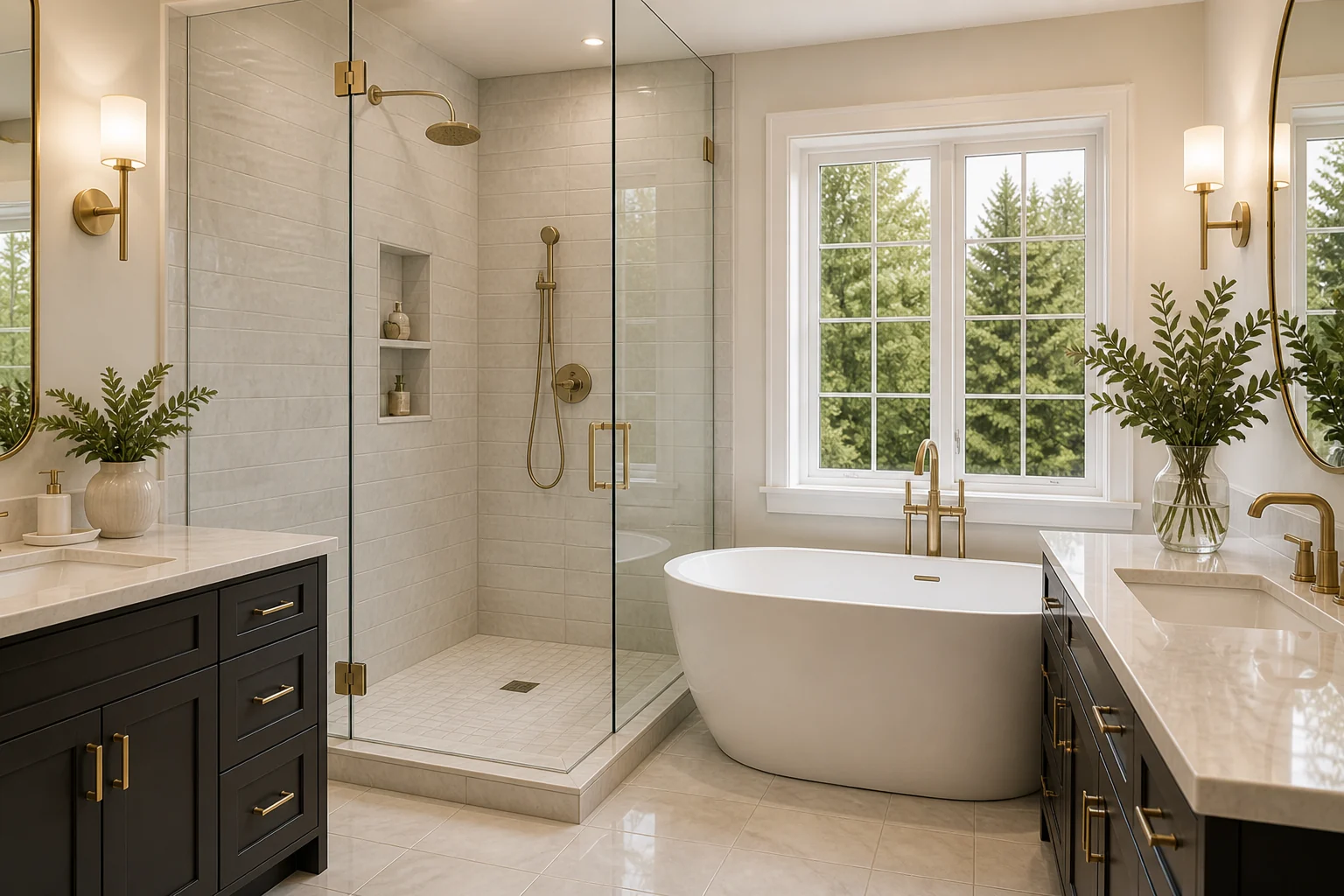 Luxury Sacramento bathroom remodel featuring a frameless glass walk-in shower with brushed-gold rainfall fixtures, freestanding white soaking tub, double dark-walnut vanity with white marble countertops, and natural light through a tree-lined window — by Sacramento Bath.
